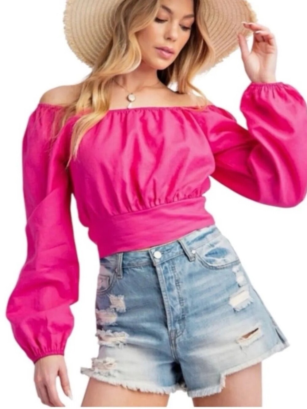 NWT Easel Off-Shoulder Fuchsia Long-Sleeve Crop Top In Medium